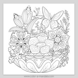 Springtime Flower Basket Coloring Page (M179) - Free Printable Coloring