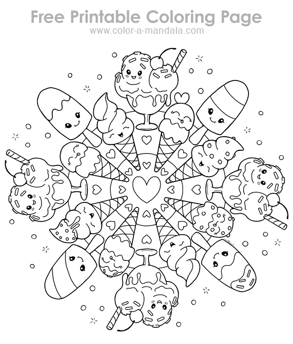 Image of coloring page illustration with cute ice cream cones and an ice cream sundaes in the shape of a mandala.