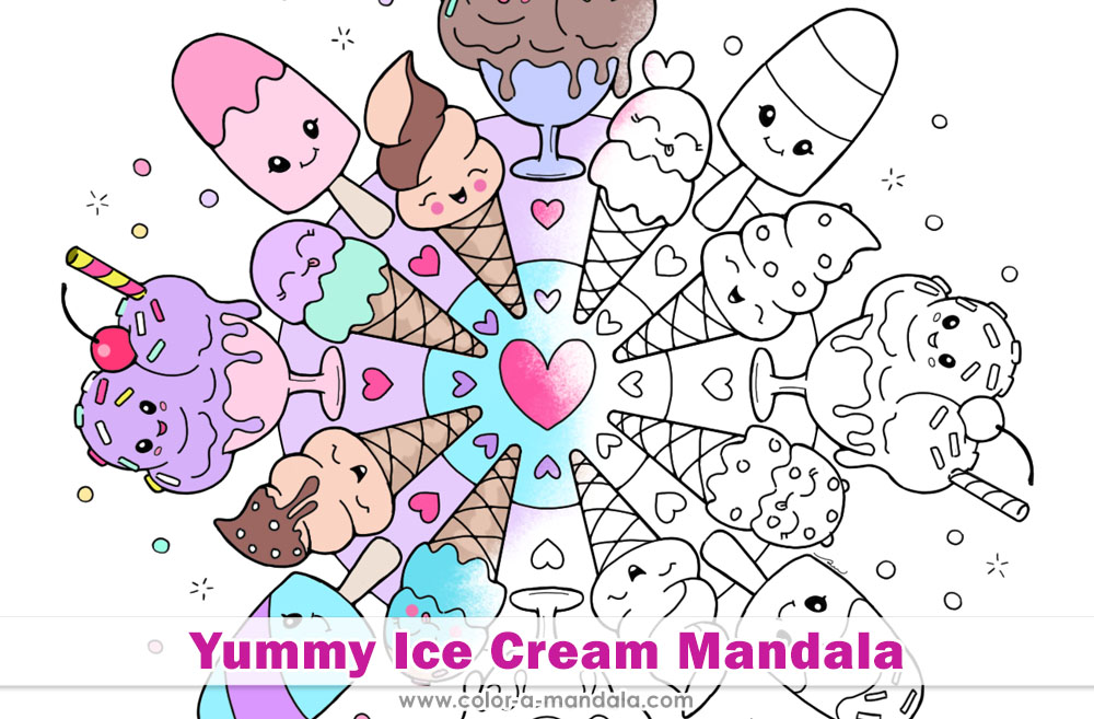 Image of a partially completed coloring page with ice cream cones and an ice cream sundaes in the shape of a mandala.