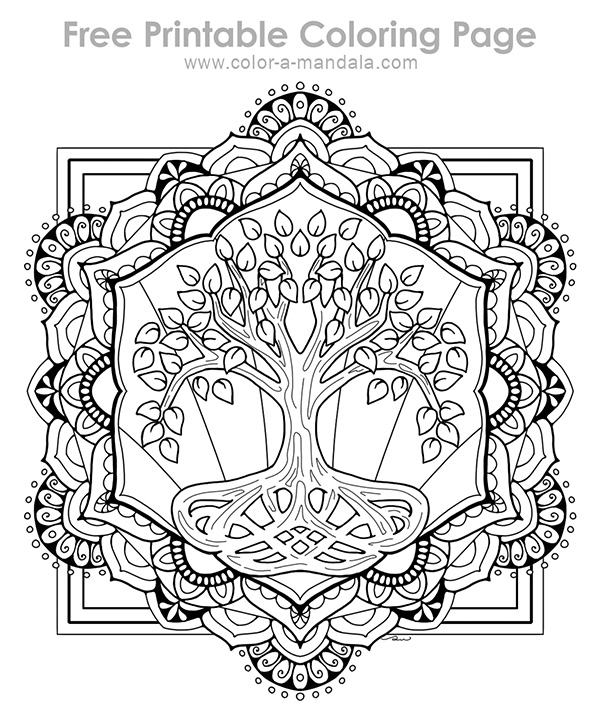 Tree of Life coloring page with a Mandala behind it.