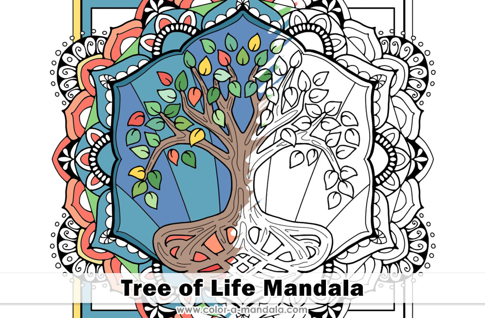 Image of a Tree of Life Mandala coloring page that has been partially colored in.