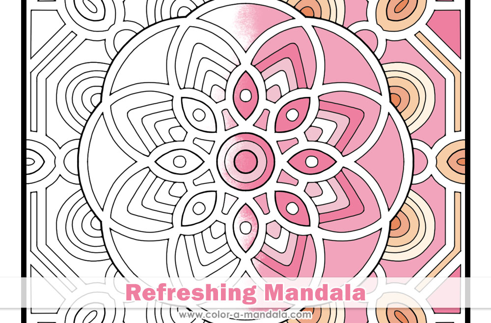 Image of a partially colored in coloring page. The name of the page is refreshing mandala.