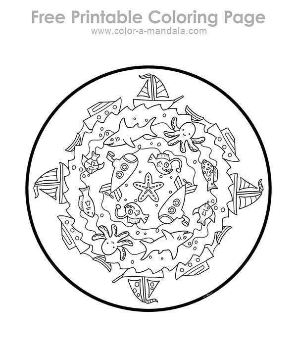 Image of an uncolored printable ocean fun coloring page.