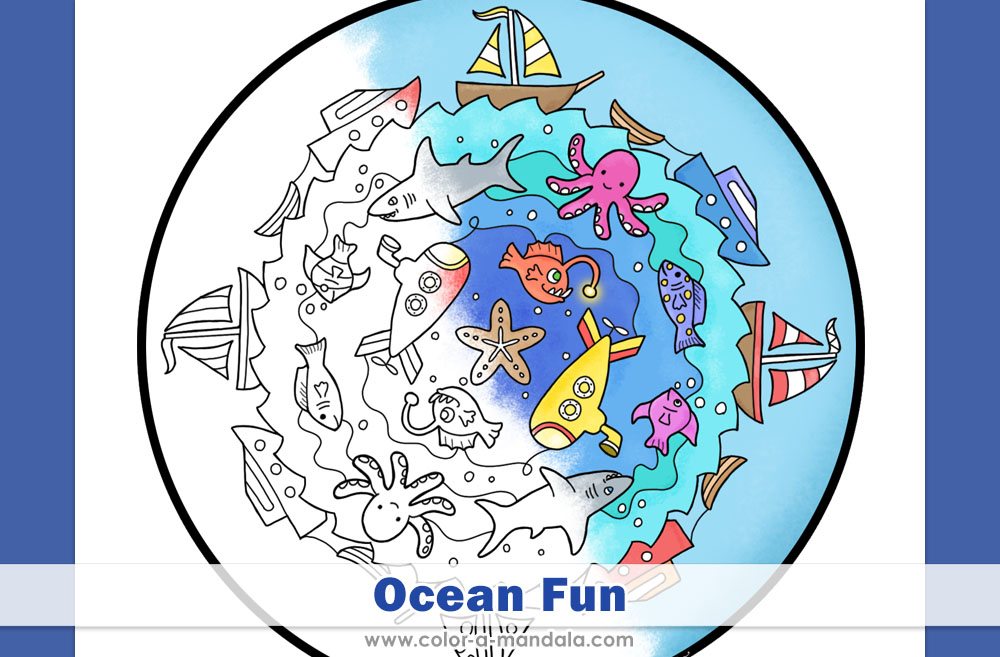 Image of a partially completed ocean coloring page with fish and boats on it.