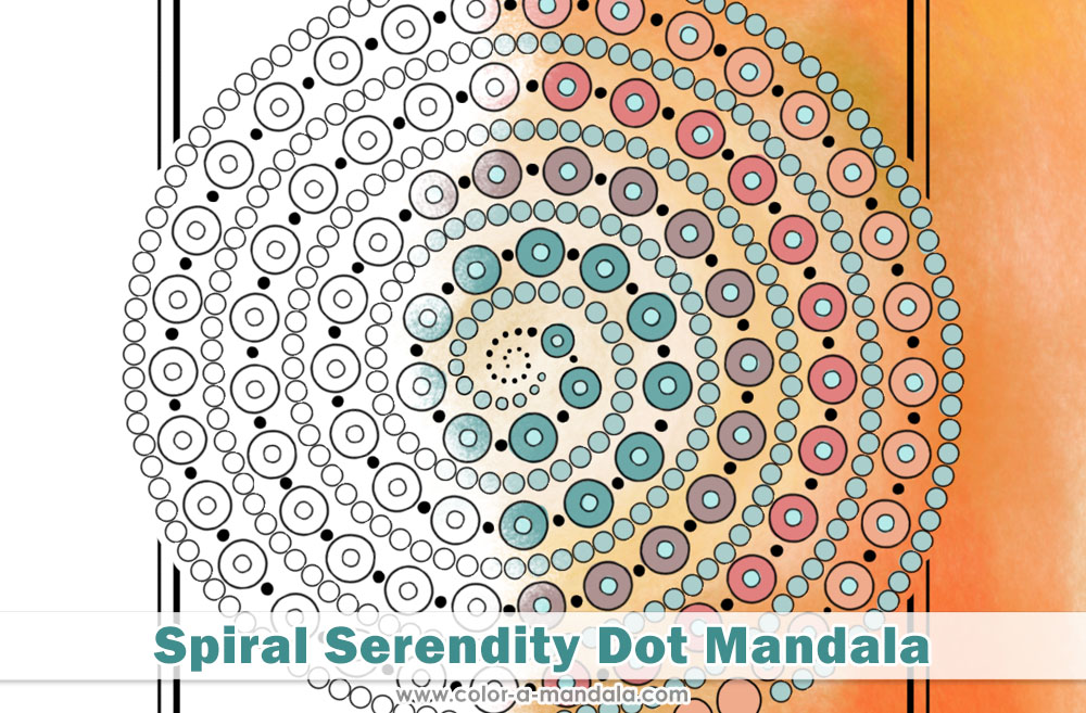 Image of a dot mandala coloring page with a spiral shape.  The coloring page is partially colored in.