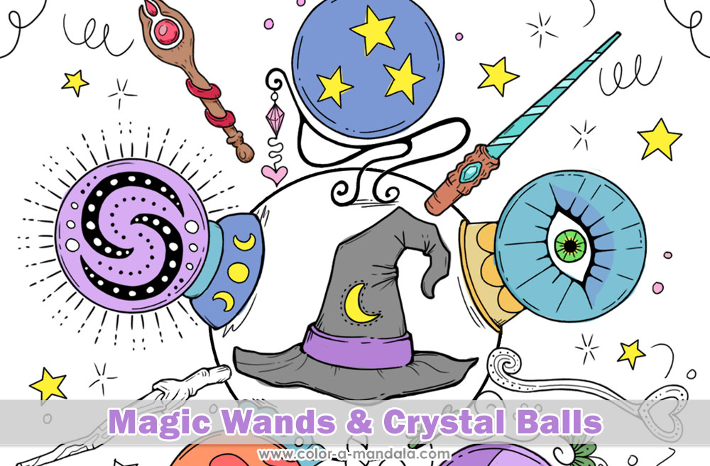 Image of a Magic Wands and Crystal Balls coloring page. The page is partially colored in.