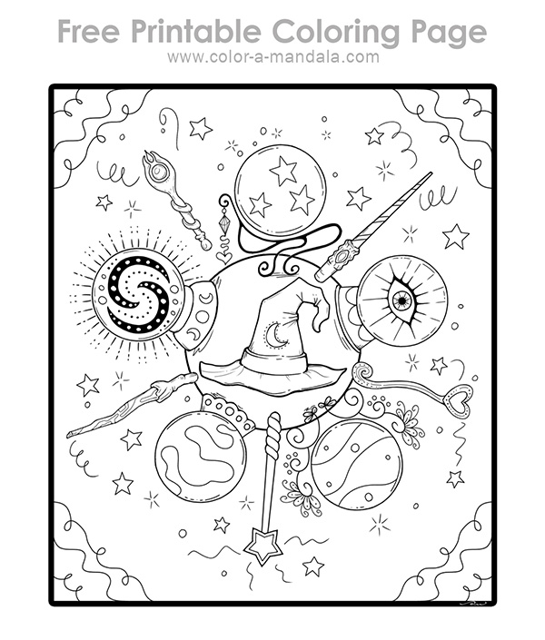 Sample black and white image of the Magic Wands and Crystal Balls coloring page.