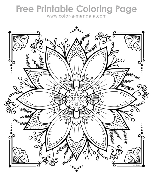 Image of an uncolored coloring page with a flower mandala