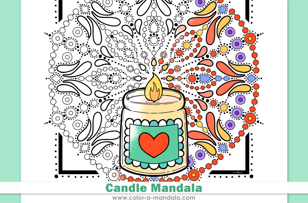 Image of a partially colored coloring page with a picture of a candle in front of a dot mandala