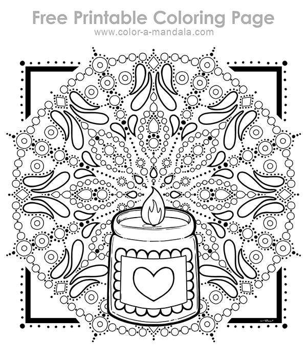 Sample image of a coloring page with a candle and a mandala design