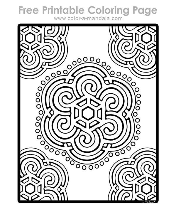 Uncolored coloring page with spiral shaped mandalas