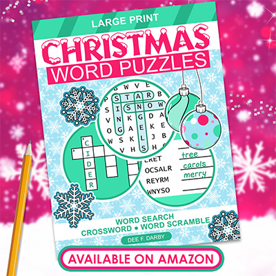 Image of Christmas word Puzzles Activity book by Dee F. Darby. Available on Amazon.