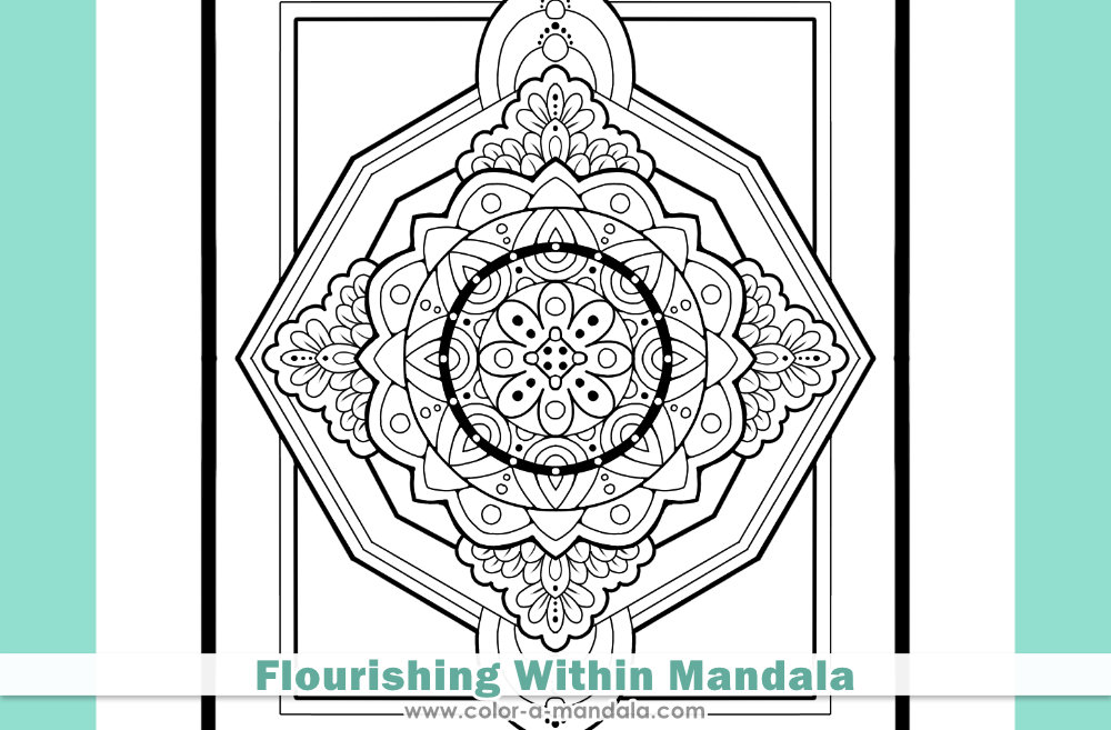 Close up image of the Flourishing Within Mandala coloring page by www.color-a-mandala.com