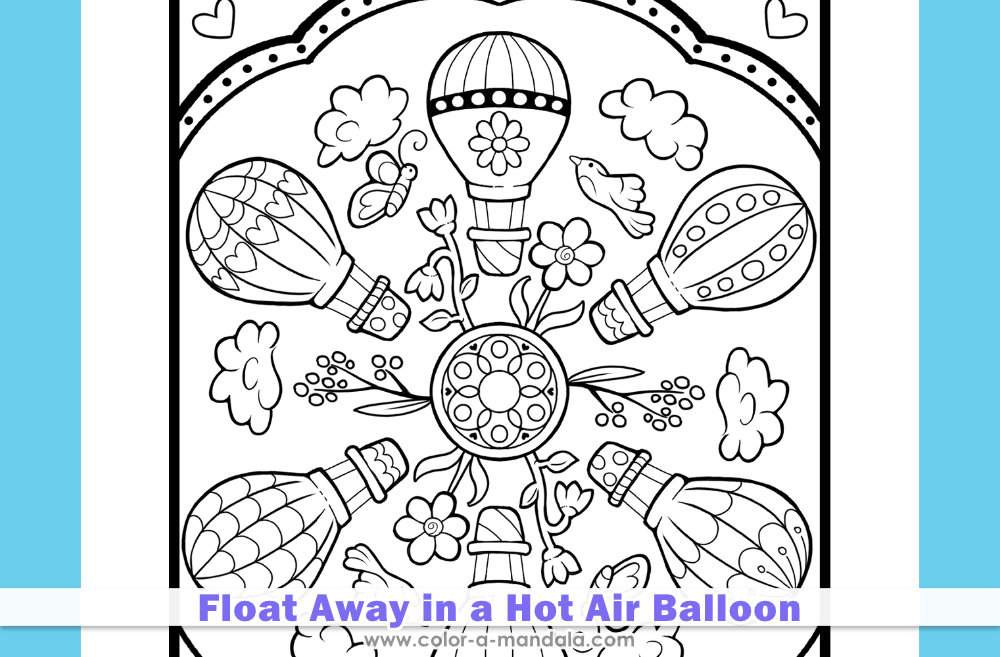 Close up image of a coloring page with hot air balloons.