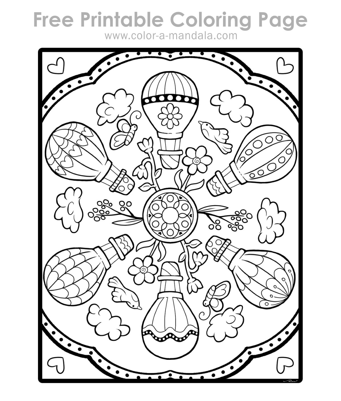 Sample of an uncolored coloring page with hot air balloons, flowers, and clouds.