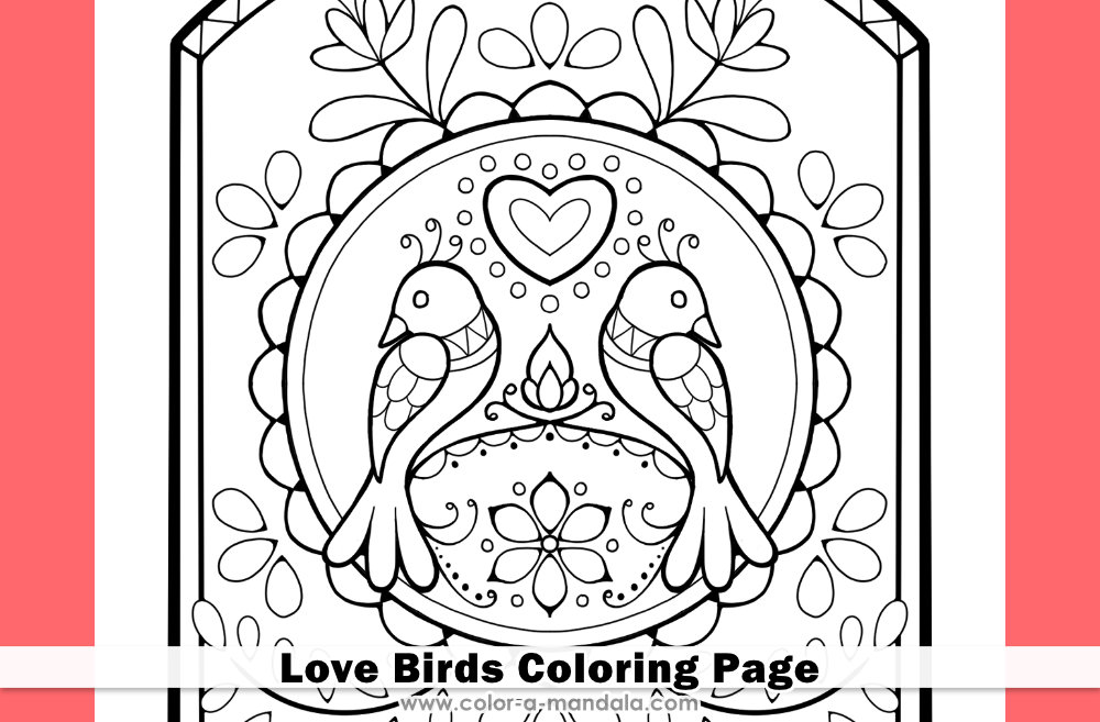 Image of a coloring page with 2 love birds