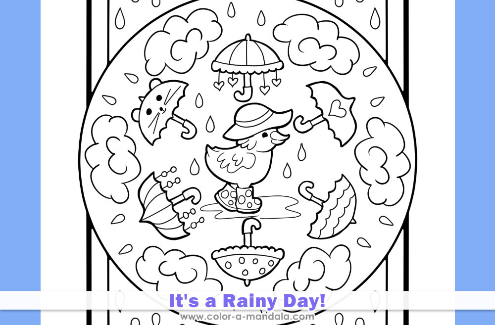 Image of a coloring page with a duck surrounded by  umbrellas and rainclouds.