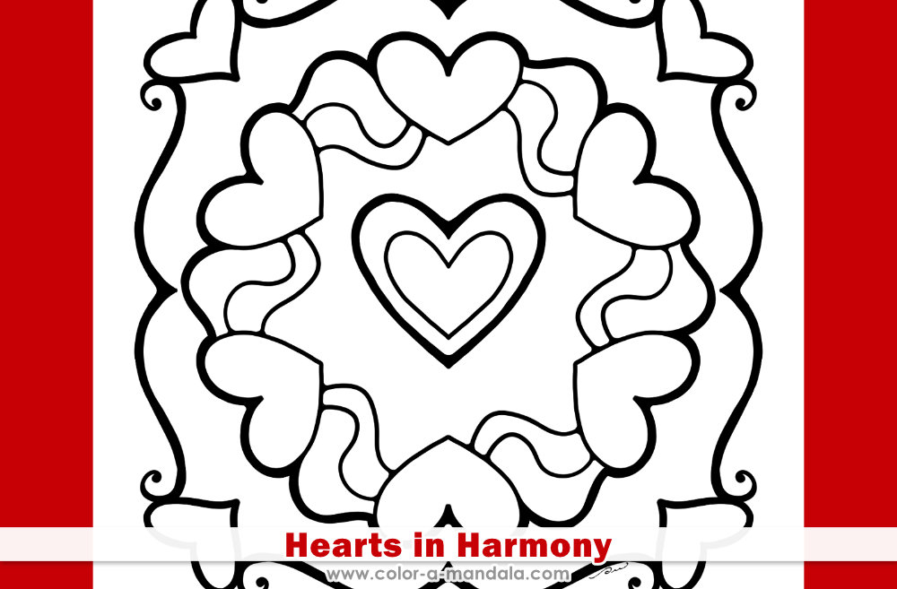 Image of a mandala coloring page with hearts