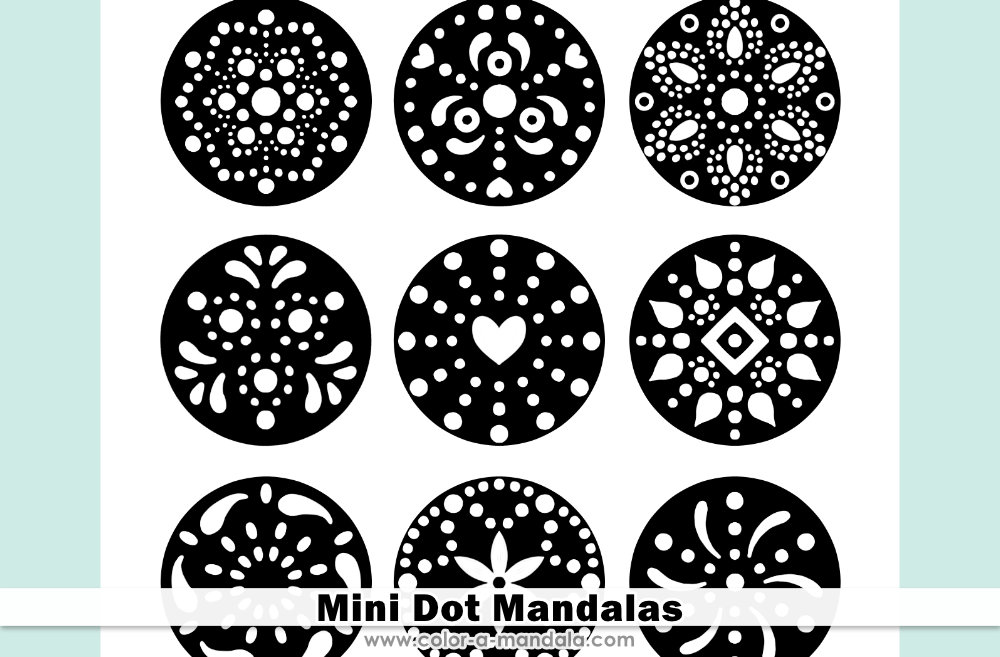 Image of a coloring page with mini dot mandalas.