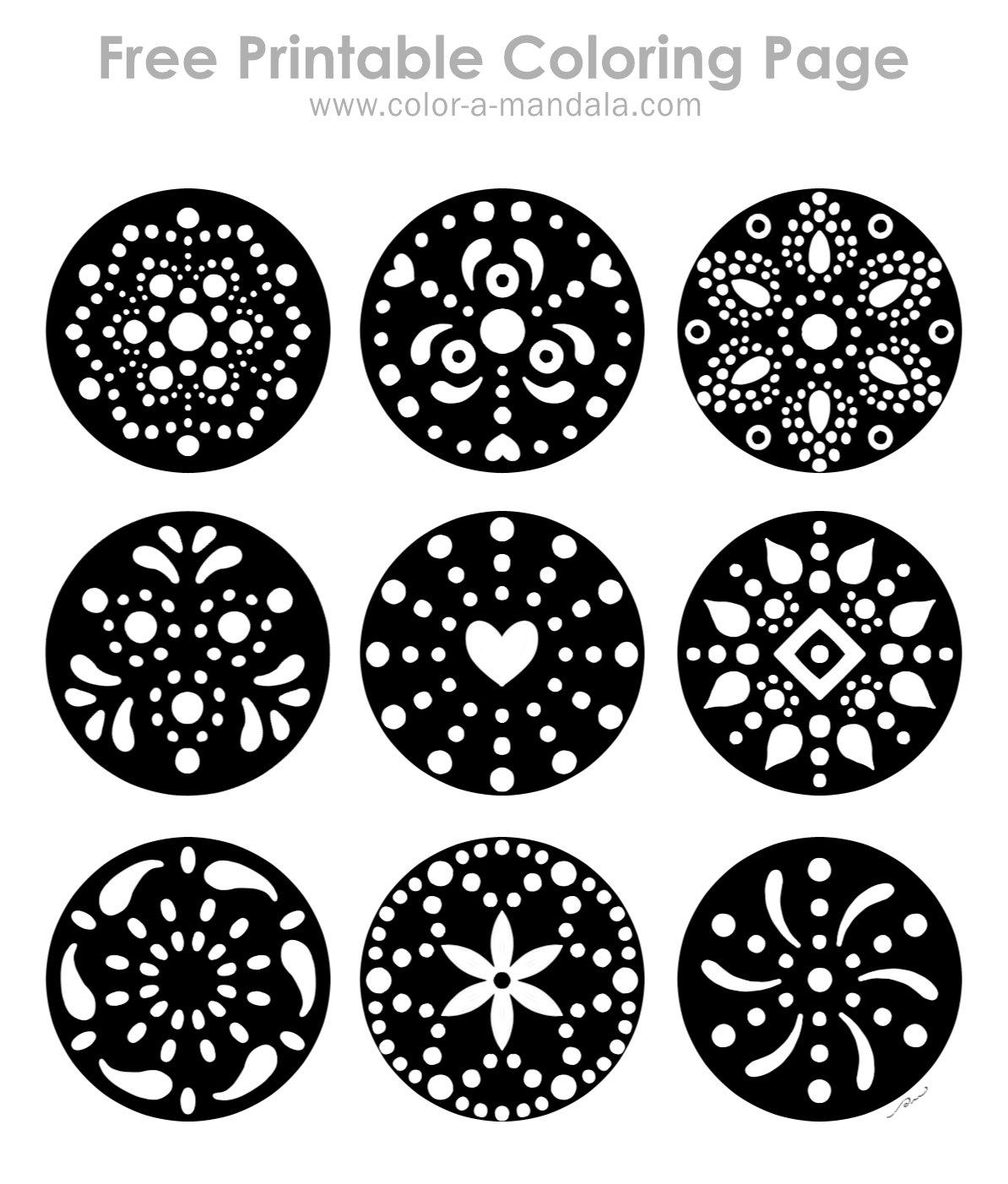 Sample image of a free printable coloring page with mini dot mandalas with a black background.